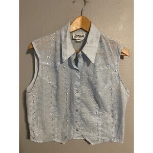 Vintage Banjo Button Up Top Womens XL Blue Embroidered Sheer Fairy Floral FLAW